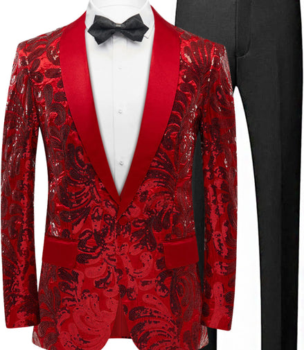 Red patterned suit jacket with black bow tie and pants on a mannequin.