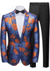 Blue and orange floral suit jacket with black bow tie and pants on a white background