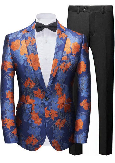 Blue and orange floral suit jacket with black bow tie and pants on a white background