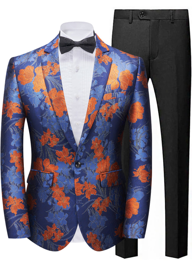 Blue and orange floral suit jacket with black bow tie and pants on a white background