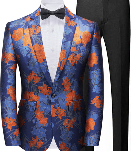Blue and orange floral suit jacket with black bow tie and pants on a white background