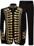 Black military-style jacket with gold embroidery and black pants on a white background