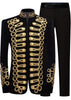Black military-style jacket with gold embroidery and black pants on a white background
