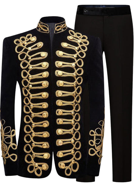 Black military-style jacket with gold embroidery and black pants on a white background