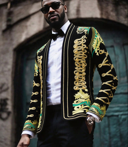 Man wearing a ornate jacket with gold and green embroidery against a stone wall.