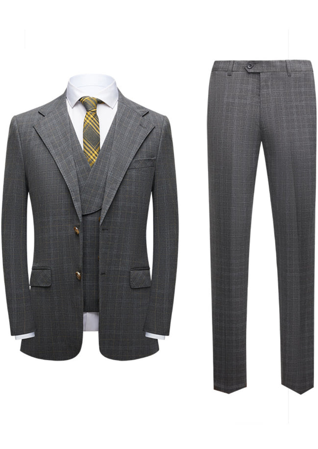 Gray checkered suit with jacket, vest, and pants on a white background