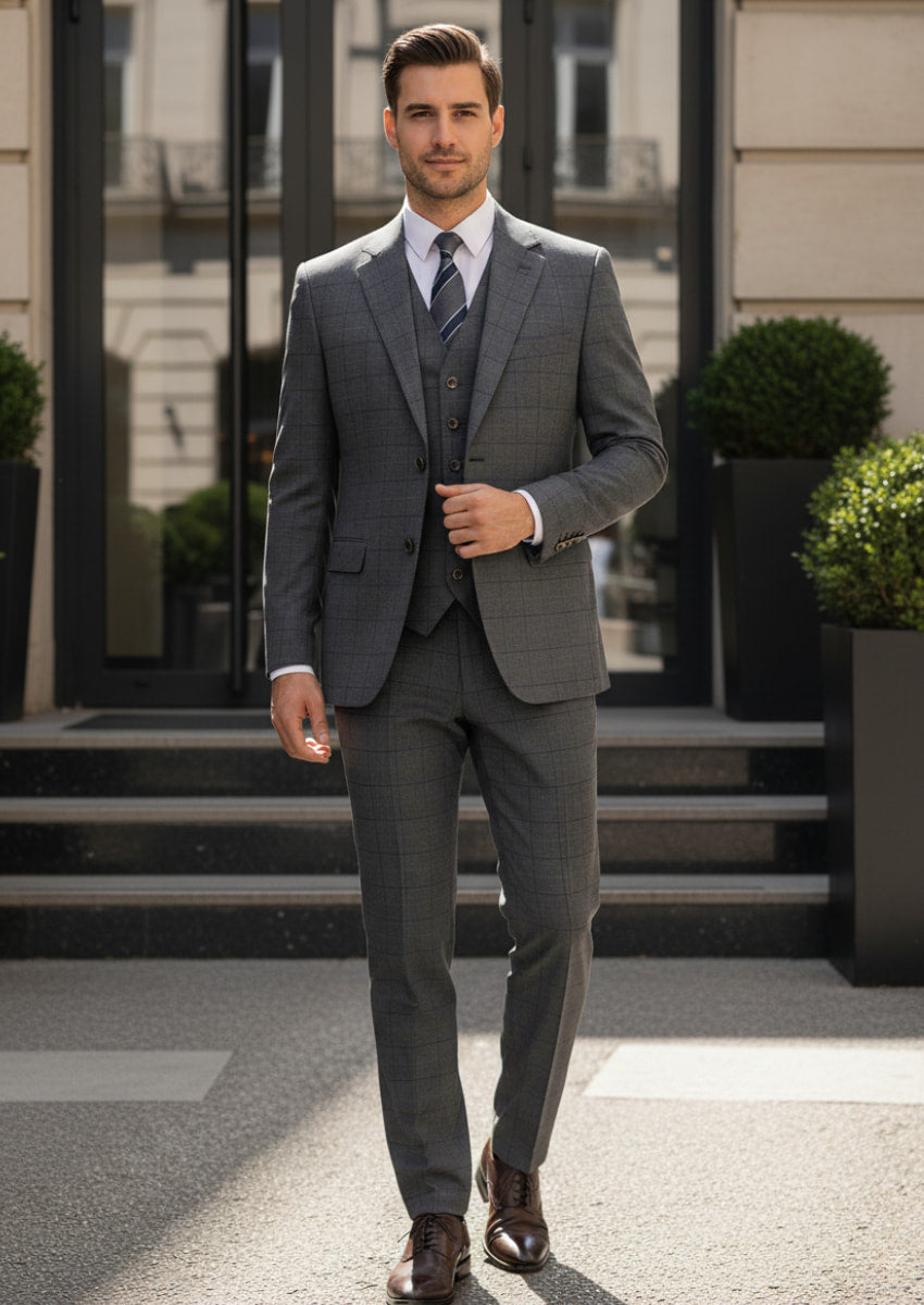 Men’s Gray Windowpane Plaid Slim Fit 3-Piece Suit