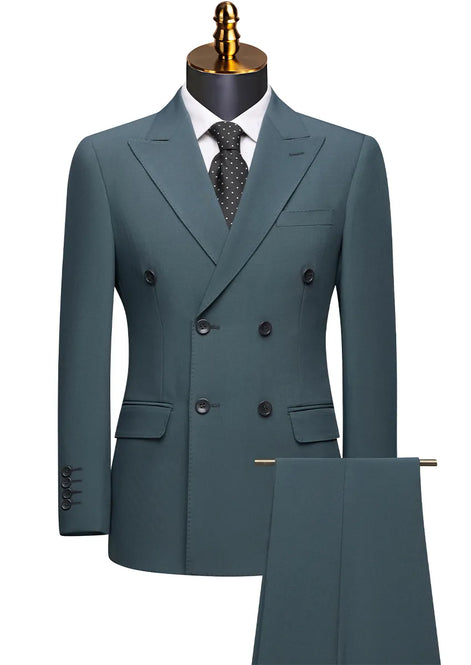 Teal suit jacket and pants on a mannequin with a white background