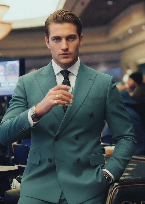 Men’s Green Double-Breasted 2-Piece Suit with Barge Collar