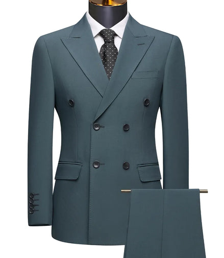 Teal suit jacket and pants on a mannequin with a white background