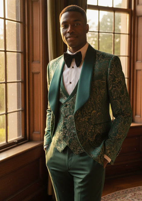The Regal Floral - Emerald Green Jacquard Tuxedo Set
