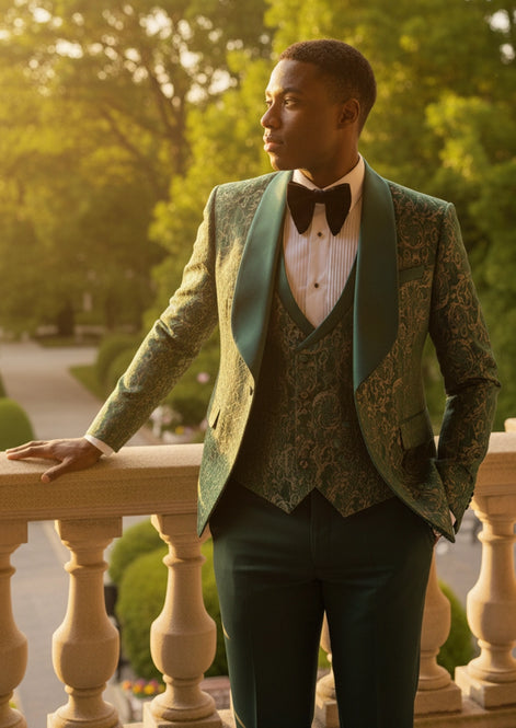 The Regal Floral - Emerald Green Jacquard Tuxedo Set