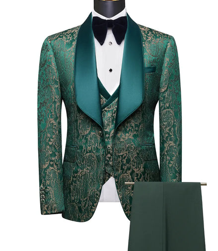 Green patterned tuxedo with matching vest and pants on a mannequin against a white background.