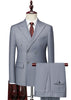Gray double-breasted suit on a mannequin with a white shirt and red tie.