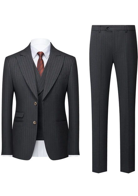 Gray pinstripe suit with jacket, vest, and pants on a white background