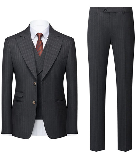 Gray pinstripe suit with jacket, vest, and pants on a white background
