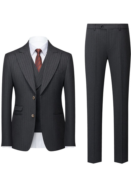 Gray pinstripe suit with jacket, vest, and pants on a white background