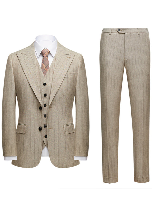 Beige pinstripe suit with jacket, vest, and pants on a white background