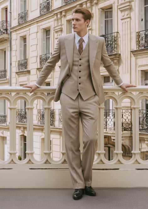 Man wearing The Saharan Pinstripe khaki herringbone suit in a luxury European setting - Nevo Suits