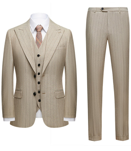 Beige pinstripe suit with jacket, vest, and pants on a white background