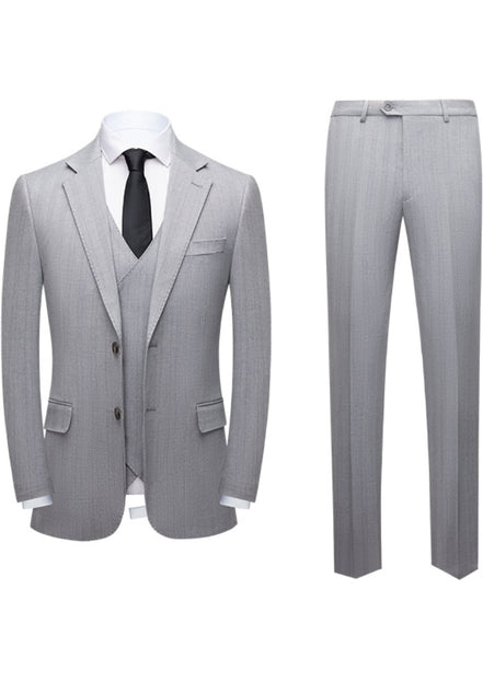 Gray pinstripe suit with jacket, vest, and pants on a white background