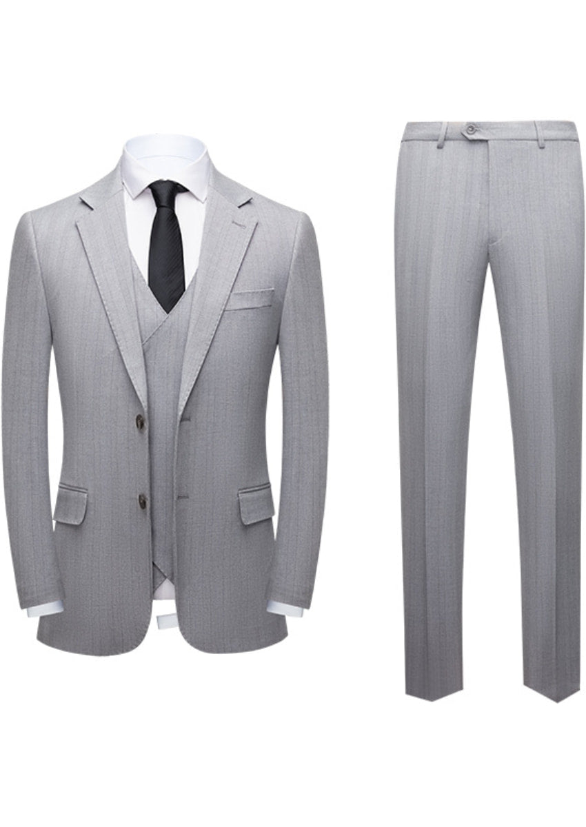 Gray pinstripe suit with jacket, vest, and pants on a white background
