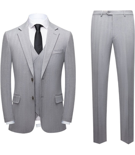 Gray pinstripe suit with jacket, vest, and pants on a white background
