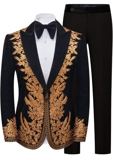 Black tuxedo with gold embroidery on a white background