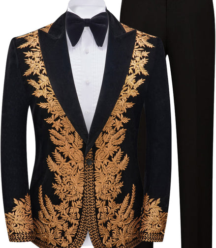 Black tuxedo with gold embroidery on a white background