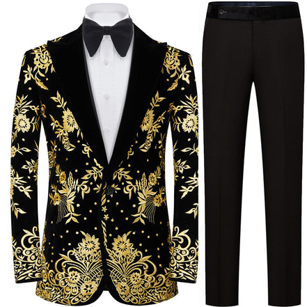 Men's Luxury Gold Floral Embroidered Black Velvet Tuxedo