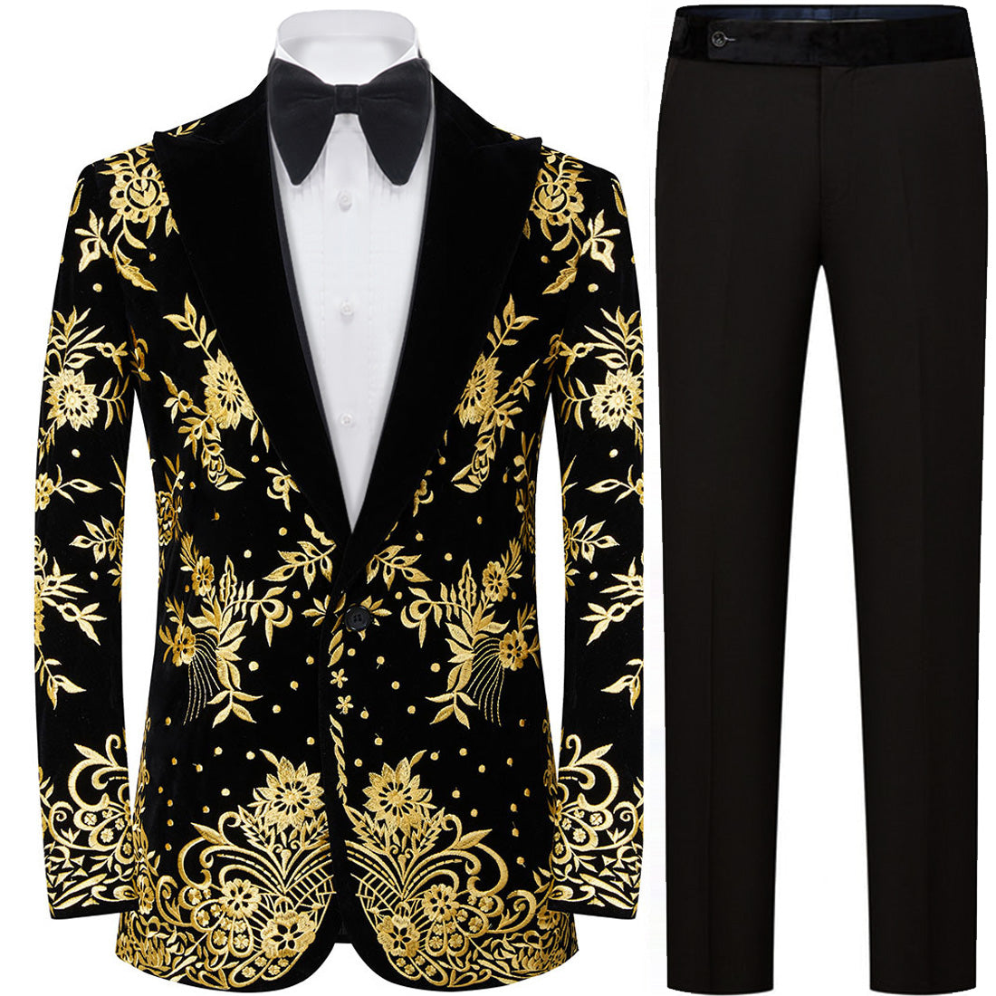 Men's Luxury Gold Floral Embroidered Black Velvet Tuxedo