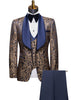 Patterned suit jacket with blue lapels and matching pants on a mannequin against a white background.
