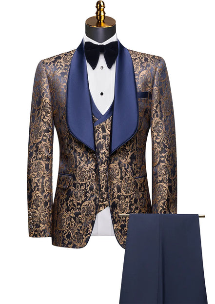 Patterned suit jacket with blue lapels and matching pants on a mannequin against a white background.