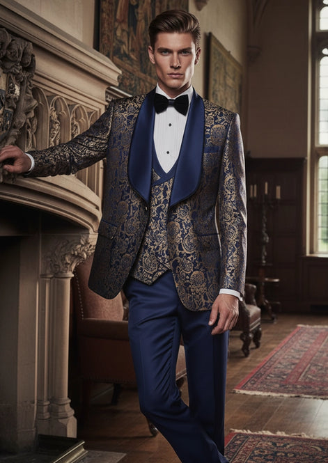 Man wearing The Regal Floral navy blue and gold jacquard tuxedo for prom - Nevo Suits