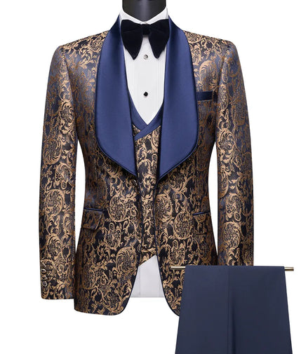 Patterned suit jacket with blue lapels and matching pants on a mannequin against a white background.