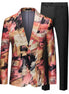 Colorful patterned suit jacket and black pants on a white background