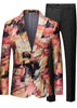 Colorful patterned suit jacket and black pants on a white background