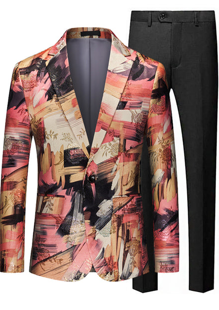Colorful patterned suit jacket and black pants on a white background