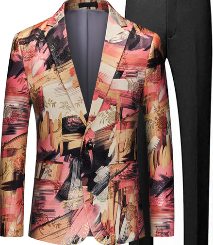Colorful patterned suit jacket and black pants on a white background