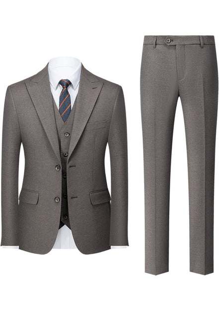 Gray suit with jacket, vest, and pants on a white background