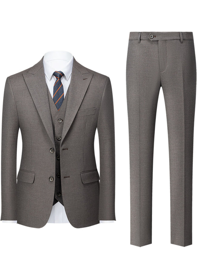 Gray suit with jacket, vest, and pants on a white background