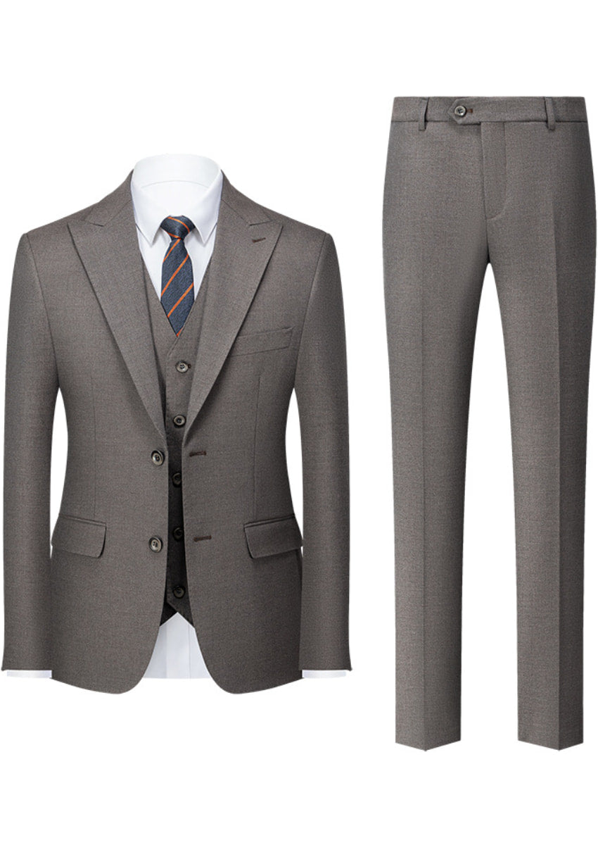 Gray suit with jacket, vest, and pants on a white background