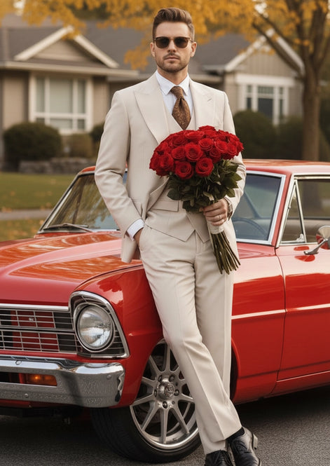 Man wearing The Sandstone Peak ivory beige 3-piece suit for a wedding - Nevo Suits |