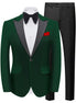 Green tuxedo jacket with gray lapels, black bow tie, white shirt, and black pants on a white background.