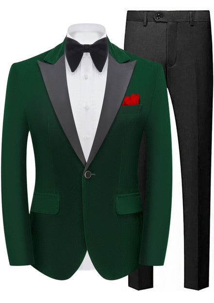 Green tuxedo jacket with gray lapels, black bow tie, white shirt, and black pants on a white background.