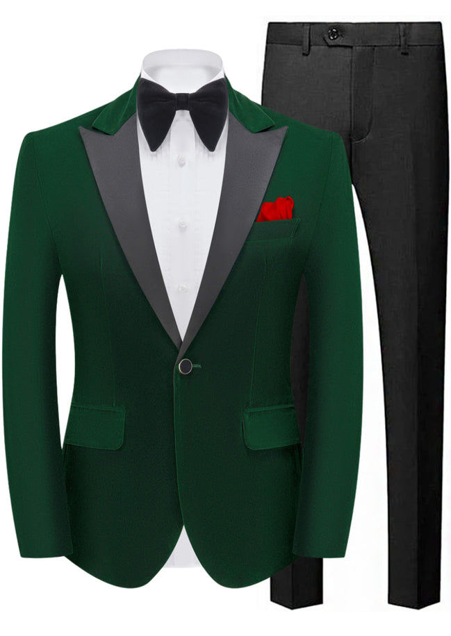Green tuxedo jacket with gray lapels, black bow tie, white shirt, and black pants on a white background.