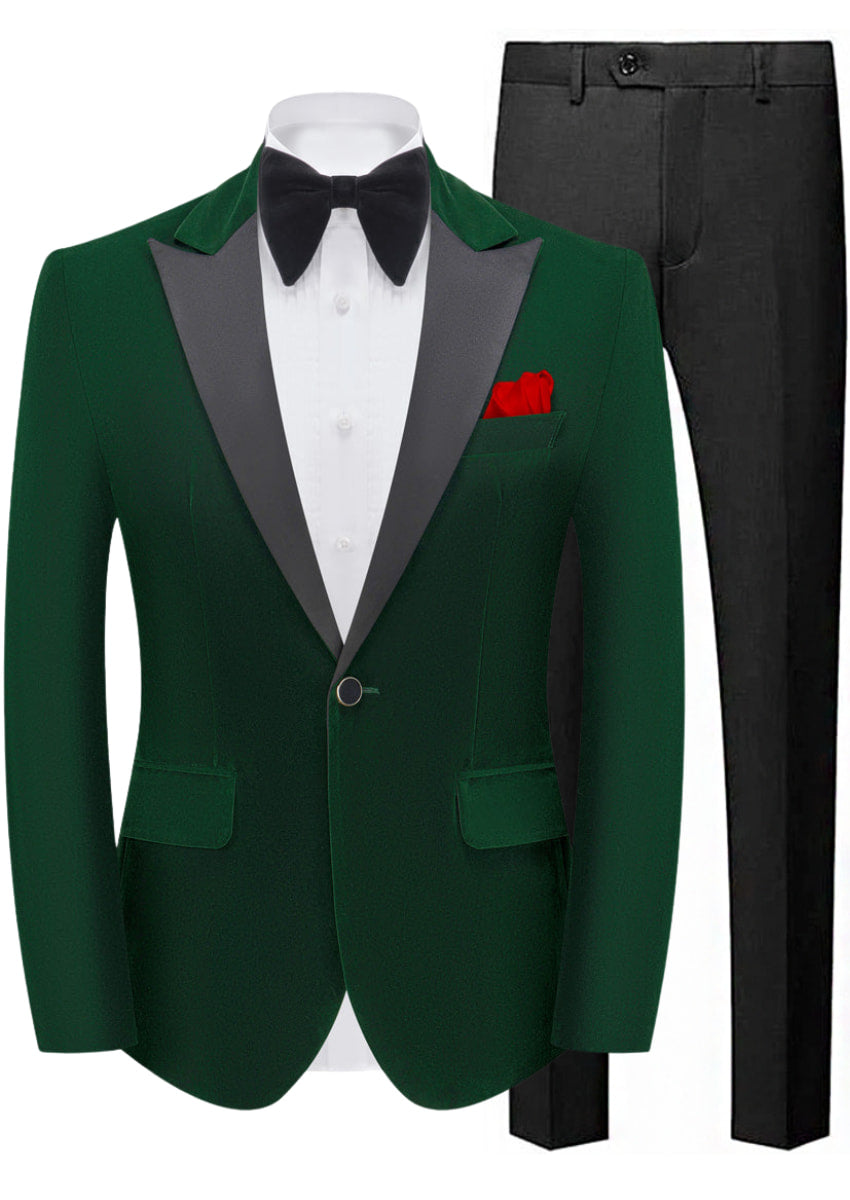 Green tuxedo jacket with gray lapels, black bow tie, white shirt, and black pants on a white background.
