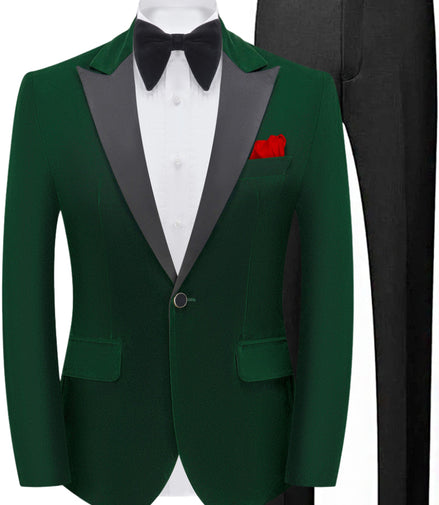 Green tuxedo jacket with gray lapels, black bow tie, white shirt, and black pants on a white background.