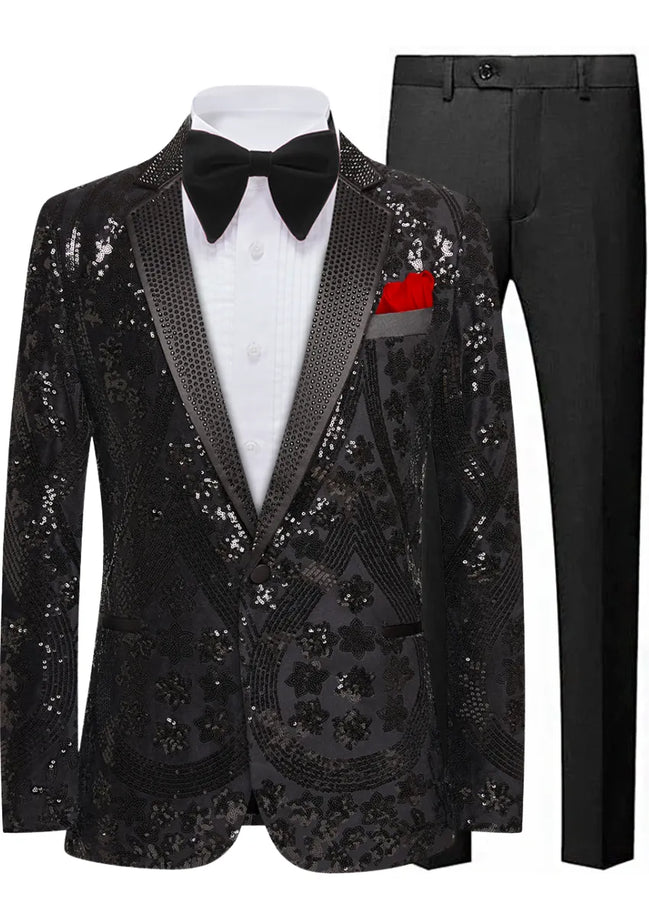 Black sequin blazer with bow tie and pocket square on a white background