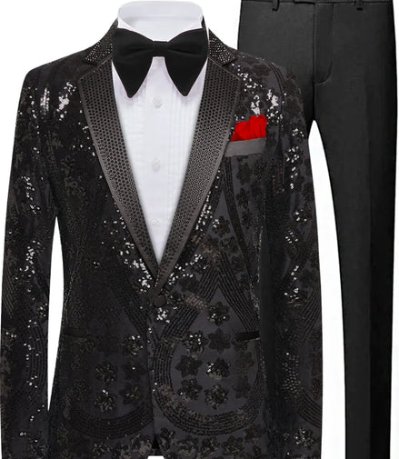Black sequin blazer with bow tie and pocket square on a white background